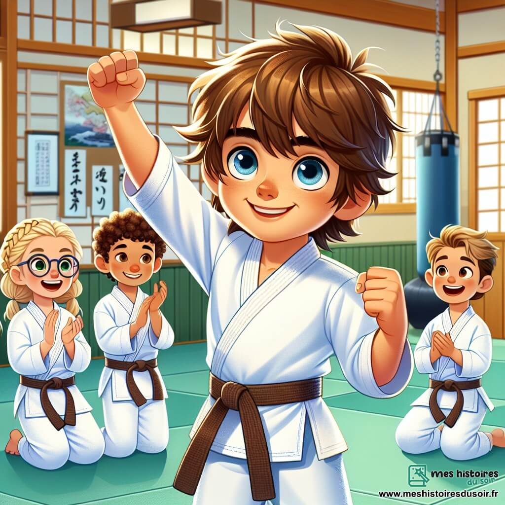 Un garçon de 8 ans, Lucas, avec des cheveux bruns en bataille et des yeux déterminés, porte un kimono blanc et une ceinture bleue. Il se tient au centre d'un dojo, bras levés en signe de victoire, avec un grand sourire. À sa droite, Emma, 8 ans, cheveux blonds tressés et lunettes, applaudit avec fierté. À sa gauche, Max, 9 ans, cheveux châtains, fait un geste de célébration. Le dojo, lumineux, a des tatamis verts, des murs en bois et des lanternes japonaises, créant une ambiance chaleureuse. Lucas, Emma et Max célèbrent leur victoire après une démonstration de karaté, entourés de camarades et de parents applaudissant, remplis de joie.