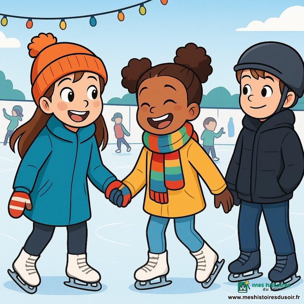 Léna, une fille de 10 ans aux longs cheveux bruns et joues roses, se tient sur une patinoire avec un grand sourire. Elle porte un manteau bleu vif, un bonnet en laine et des gants rayés. À ses côtés, Nour, également âgée de 10 ans avec des cheveux frisés en couettes, rit en lui tenant la main, vêtue d'une écharpe colorée et de patins à glace. Un peu plus loin, Hugo, un garçon de 10 ans en grosse veste noire et casque, les observe avec un sourire. La patinoire, entourée de murs blancs et de guirlandes colorées, est animée par des enfants qui patinent joyeusement. L'ambiance est festive et chaleureuse, alors que Léna et ses amis s'apprêtent à montrer une chorégraphie sur la glace.