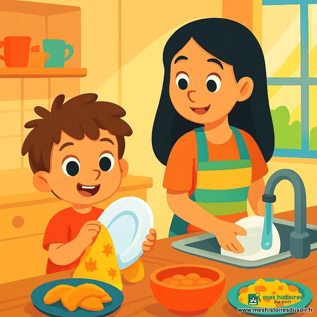 Un petit garçon de 4 ans, Sami, avec des cheveux bruns en bataille et des yeux curieux, se tient dans une cuisine lumineuse. Il sourit fièrement en essuyant une assiette brillante avec un torchon jaune à motifs de soleils. Sa maman, souriante et d'environ 30 ans, avec des cheveux longs et noirs, porte un tablier coloré et lave des assiettes dans un évier, le regardant tendrement. La cuisine, chaleureuse avec des murs crème et des rayons de soleil filtrant par la fenêtre, illumine la table en bois où se trouvent des plats délicieux. Sami aide sa maman à faire la vaisselle pour le Ramadan, créant une atmosphère joyeuse et lumineuse, remplie de rires et de gratitude.