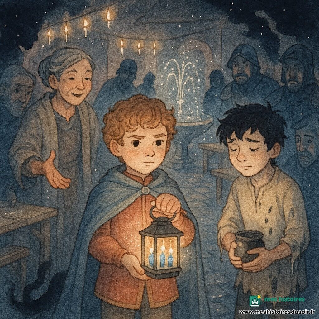 Le prince Éloi, garçon au visage rond et cheveux châtain clair bouclés, a une expression résolue et douce; il tient près de sa poitrine une lanterne à trois petites flammes bleu-orangées. Lino, apprenti d'environ 13 ans aux cheveux noirs en bataille, la cire sur les manches et le visage honteux mais soulagé, serre un petit pot de cire noire à côté du prince. Dame Maëline, femme d'environ 55 ans à la peau tannée et cheveux gris tressés en chignon, yeux rieurs et mains tachées de cire, se tient en retrait paume ouverte pour apaiser la foule. Autour, quelques artisans et gardes adultes, surpris et repentants, se penchent vers la source de lumière. La scène se déroule dans une cour pavée humide avec grandes tables en bois, guirlandes de bougies et une fontaine centrale projetant fines gouttes lumineuses; une ombre sombre et fluide rampe le long des murs en éteignant les bougies et laissant des silhouettes noir-bleutées, tandis que la lanterne du prince émet une lueur protectrice qui révèle les visages. Palette visuelle douce d’aquarelle saumon, bleu nuit et or pâle, avec accents au stylo gel blanc sur les flammes et les gouttes, textures granuleuses pour la cire et reflets brillants sur les pavés.