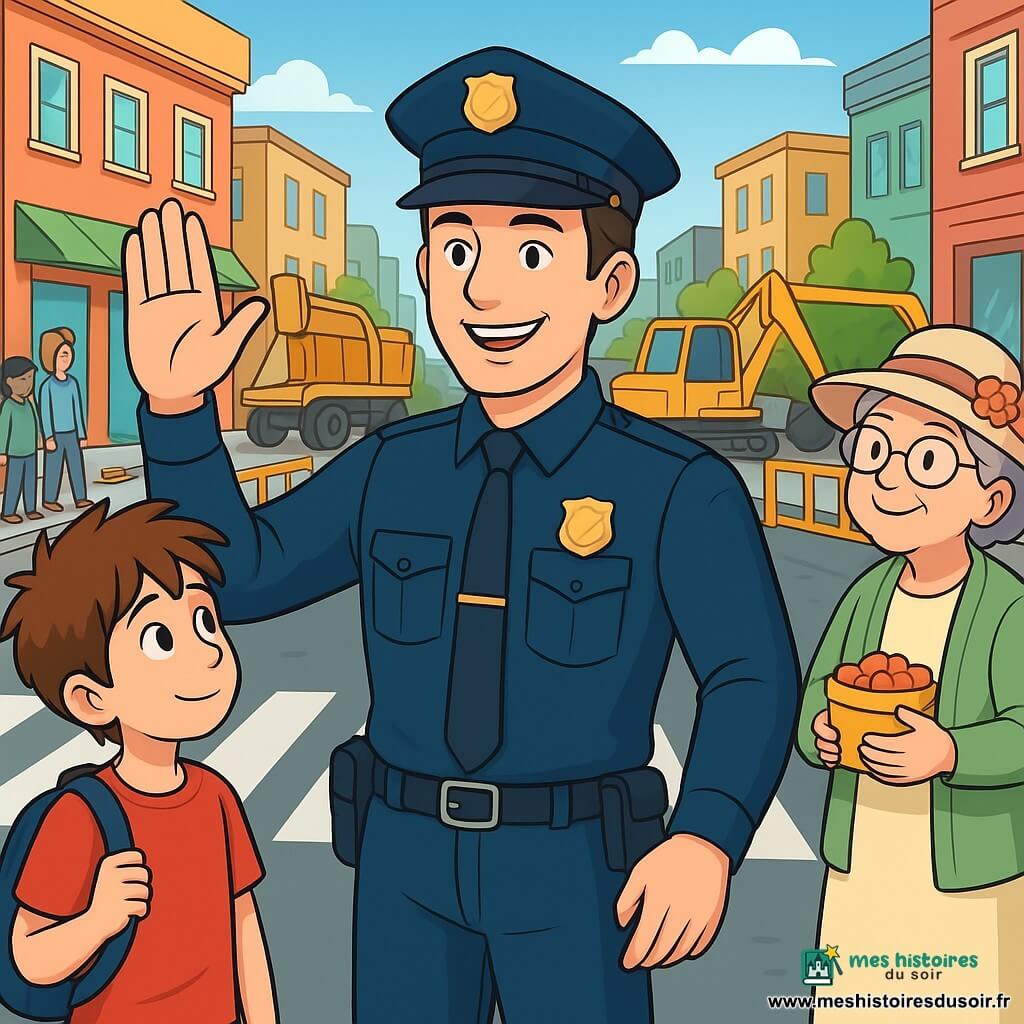Un policier d'une quarantaine d'années, en uniforme bleu nuit, souriant et déterminé, dirige la circulation au centre de la scène. À ses côtés, un garçon de 8 ans, avec des cheveux bruns en bataille et un t-shirt rouge, l'admire tout en tenant son cartable. En arrière-plan, une dame âgée avec des lunettes et un chapeau fleuri sourit en tenant une petite boîte de fruits. La scène se déroule sur une rue animée, entourée de bâtiments colorés, avec des camions de chantier et des barrières jaunes. Des voitures sont arrêtées et des piétons attendent, créant une atmosphère de coopération. Le policier régule la circulation et veille à la sécurité des enfants traversant la rue.