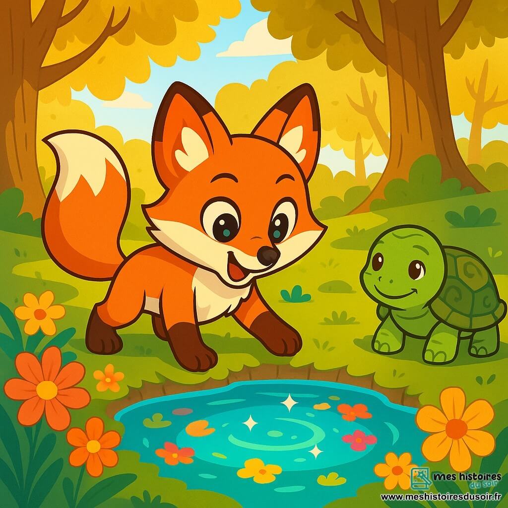 Un renard nommé Roux, aux yeux brillants et au pelage flamboyant, se tient au bord d'une source magique, émerveillé par les eaux qui reflètent les couleurs des fleurs. À proximité, une tortue sage, Pati, avec une carapace ornée, sourit doucement en se déplaçant sur le sol mousseux. Le décor est une clairière ensoleillée, entourée d'arbres majestueux aux feuilles dorées, où la lumière filtre à travers les branches, créant une atmosphère paisible. Roux se prépare à plonger ses pattes dans l'eau pour découvrir la sagesse de la source.