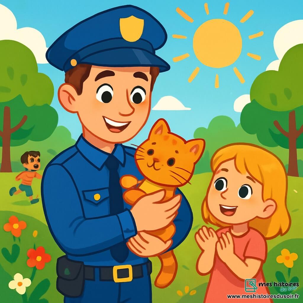 Un jeune policier nommé Simon, dans la vingtaine, avec des cheveux bruns et des yeux déterminés, porte un uniforme bleu vif. Il sourit fièrement en tenant un chaton orange dans ses bras. À ses côtés, une petite fille de 7 ans, aux cheveux blonds et aux yeux brillants, en robe rose, applaudit avec enthousiasme. En arrière-plan, un parc verdoyant avec des arbres et des fleurs colorées est animé par des enfants qui jouent. Simon, ayant retrouvé le chaton perdu, est entouré de joie et de gratitude, tandis que le soleil illumine la scène, créant une atmosphère chaleureuse et festive.