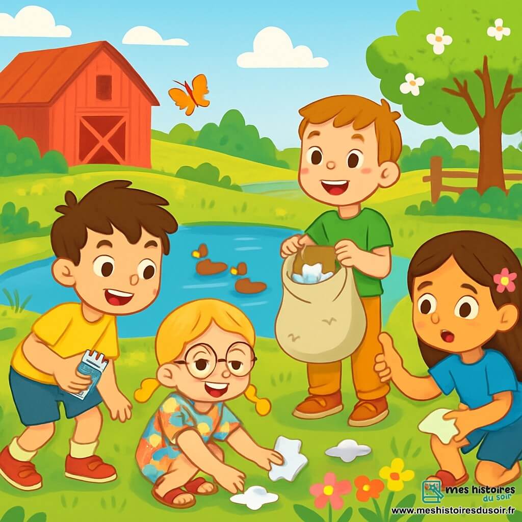 Quatre enfants participent à une activité de nettoyage autour d'un étang dans une ferme pédagogique ensoleillée. Léo, 8 ans, ramasse des déchets avec une canette, Emma, 7 ans, collecte des papiers avec un sourire, Hugo, 8 ans, tient un sac rempli de déchets, et Léa, 7 ans, montre un déchet trouvé. L'environnement est joyeux, avec des champs verdoyants, des arbres fleuris et des canards dans l'étang, tandis que des bénévoles s'activent autour d'eux. Les enfants, souriants et motivés, apprennent à protéger la nature dans une ambiance de camaraderie.