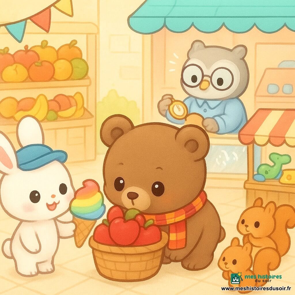 Petit ours brun rond et duveteux, yeux brillants et écharpe à carreaux, penché en avant derrière un panier de pommes en reniflant; à gauche un lapin vendeur de glaces blanc au chapeau bleu tend une grosse glace vanille arc‑en‑ciel; à l’arrière, un hibou horloger gris en blouse polit une montre dorée dans sa boutique; à droite quelques écureuils roux jouent près d’un stand de jouets; galerie marchande lumineuse aux carreaux clairs, guirlandes et étals de fruits, vitrine de montres brillantes qui émettent de petites ondes sonores—l’ours découvre que le « tic‑tac » vient de ces montres; style chibi kawaii, couleurs pastel vives, contours doux et textures peluche, atmosphère joyeuse et rassurante.