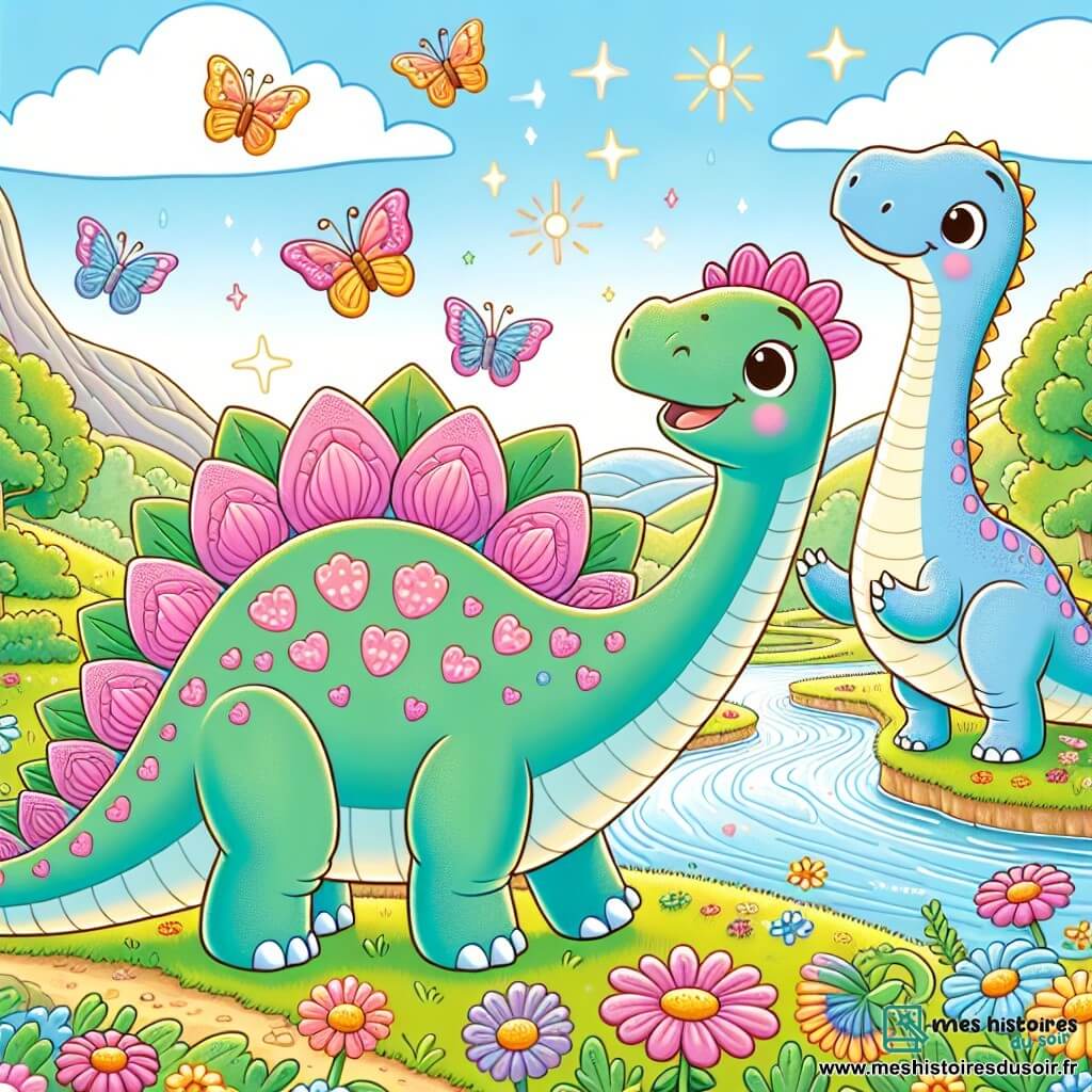 Un stégosaure nommé Stella, avec de grandes plaques vertes et roses sur le dos, sourit émerveillée en découvrant son nouveau territoire. À ses côtés, un diplodocus nommé Dino, grand et amical, l'encourage en applaudissant. Ils se trouvent dans une vallée ensoleillée, remplie de fleurs colorées, de collines douces et d'une rivière scintillante. Des papillons multicolores volent autour d'eux, ajoutant une touche de magie à la scène. Stella et Dino célèbrent la découverte de cet endroit parfait en dansant joyeusement sous le ciel bleu, entourés de la beauté de la nature.