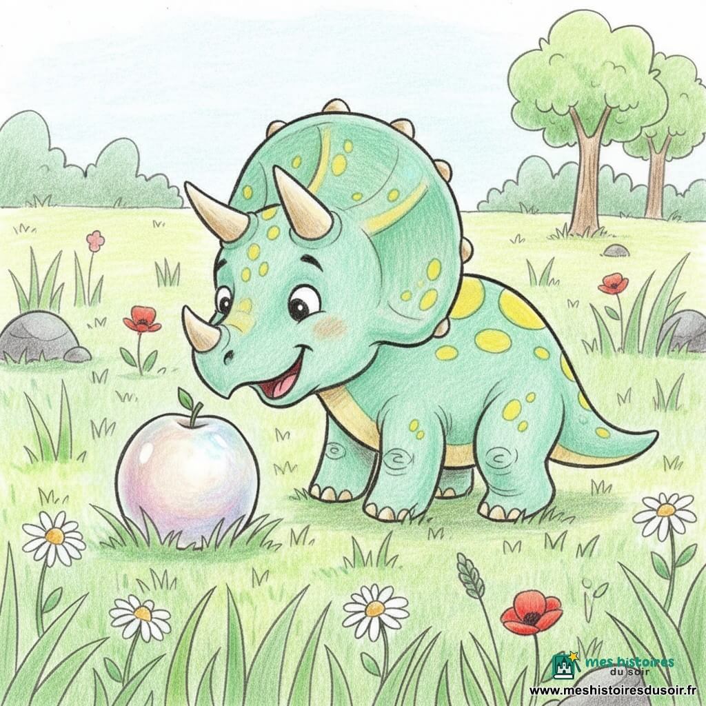 Tino, petit tricératops joyeux et curieux, vert menthe à taches jaunes, trois cornes courtes, large collerette ronde et pattes potelées, pose doucement son museau sur une pierre ronde et nacrée de la taille d'une pomme qui émet une douce lueur rosée et bleutée; ils sont dans une prairie herbeuse parsemée de marguerites et de coquelicots, quelques rochers et un petit bosquet en arrière-plan; scène enfantine et simple aux contours au crayon épais, remplissage coloré, traits ronds et lumière douce autour de la pierre.