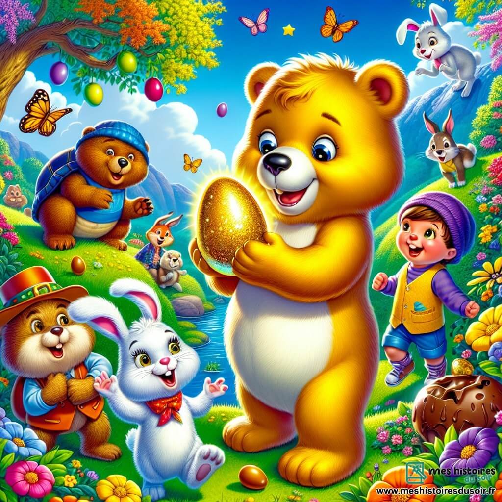 Un ours doré nommé Oscar, avec un pelage brillant et des yeux curieux, se tient au centre de l'image, souriant tout en brandissant un œuf d'or. À ses côtés, un lapin nommé Benjamin, aux grandes oreilles et au pelage blanc, saute de joie en tenant un œuf en chocolat. En arrière-plan, une tortue sage nommée Tania, avec une carapace colorée et des lunettes, observe avec bienveillance, tandis qu'un hérisson nommé Hugo roule joyeusement sur le sol. Le décor est un jardin enchanté, rempli de fleurs éclatantes, de papillons et d'un pommier chargé de fruits, sous un ciel bleu avec des nuages. Oscar et ses amis célèbrent la découverte de l'œuf d'or, prêts à fêter Pâques dans une ambiance magique et festive.