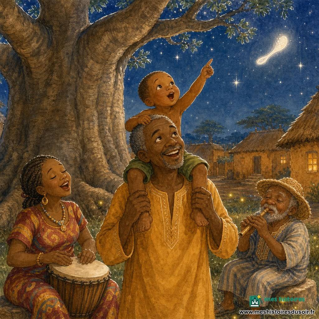 Kofi, homme aux cheveux gris courts et sourire émerveillé, porte un garçon d'environ 5 ans joufflu qui pointe une étoile en riant; Fatou, trentaine, en robe rouge et jaune tressée, chante en battant un tambour à l'ombre d'un immense baobab aux racines apparentes et à l'écorce rugueuse, tandis qu'un vieil homme conteur souffle dans une petite flûte assis sur une pierre; la place du village au crépuscule, herbe parsemée de lucioles, maisons en banco ocre en arrière-plan, lune argentée et étoiles scintillantes, lumière douce et chaude, palette ocre, bleu nuit et verts doux, traits aquarelle avec rehauts blancs sur les étoiles, les larmes de joie et les feuilles.