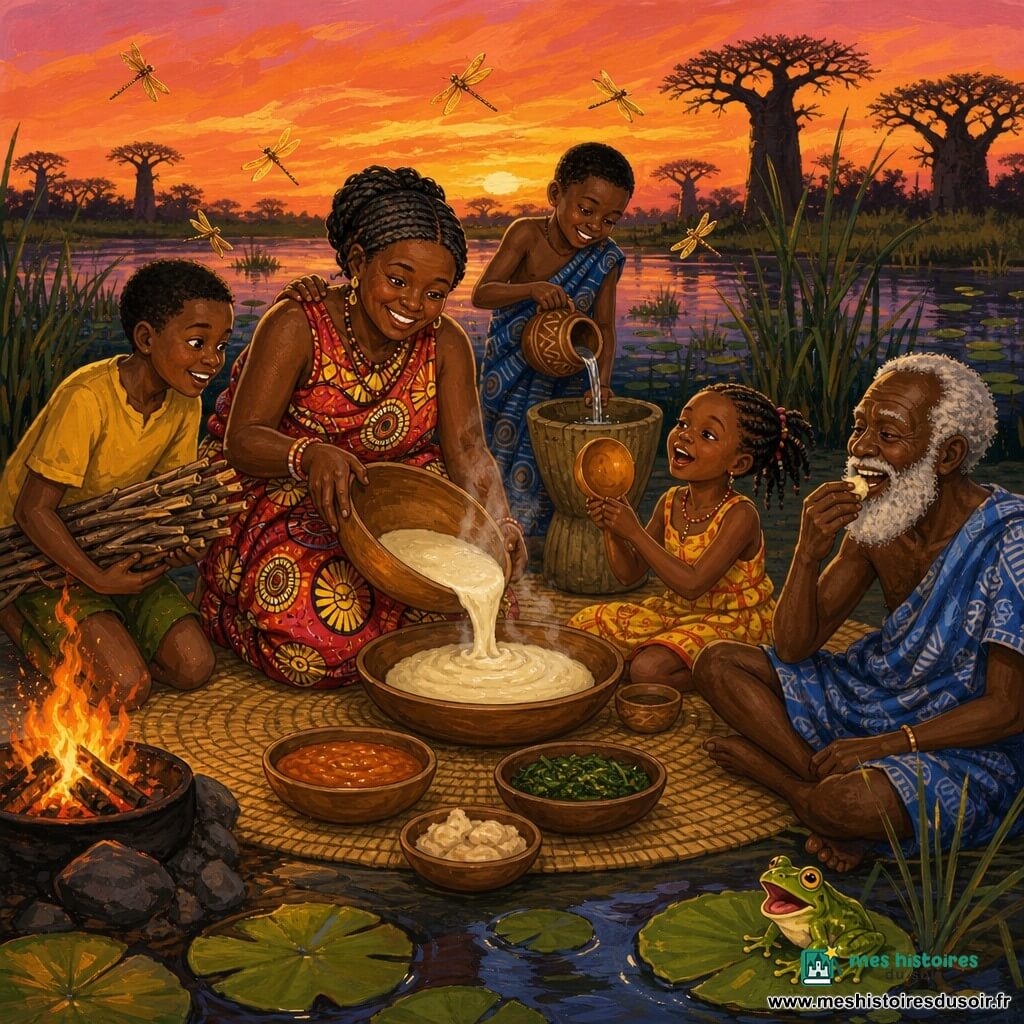 Mame Safi, femme d’âge mûr au large sourire et yeux brillants, agenouillée sur une natte en raphia sert une pâte de manioc chaude depuis un grand plat en bois; autour d’elle, un garçon d’environ 10 ans tient un fagot près du feu, une fillette de 6 ans chante en agitant une calebasse vide assise à droite, un garçon de 8 ans verse de l’eau dans un mortier derrière elle et un vieil homme à la barbe blanche, pagne bleu, est assis en tailleur à droite en train de goûter en souriant; une grenouille verte sur un nénuphar observe la scène; décor de marais au crépuscule avec nénuphars, papyrus et baobabs en silhouette, ciel orange-rose et libellules dorées; ambiance chaleureuse de partage, vapeur et étincelles, éclairage chaud du coucher de soleil; style peinture acrylique aux coups de pinceau visibles, couleurs saturées et textures rugueuses.