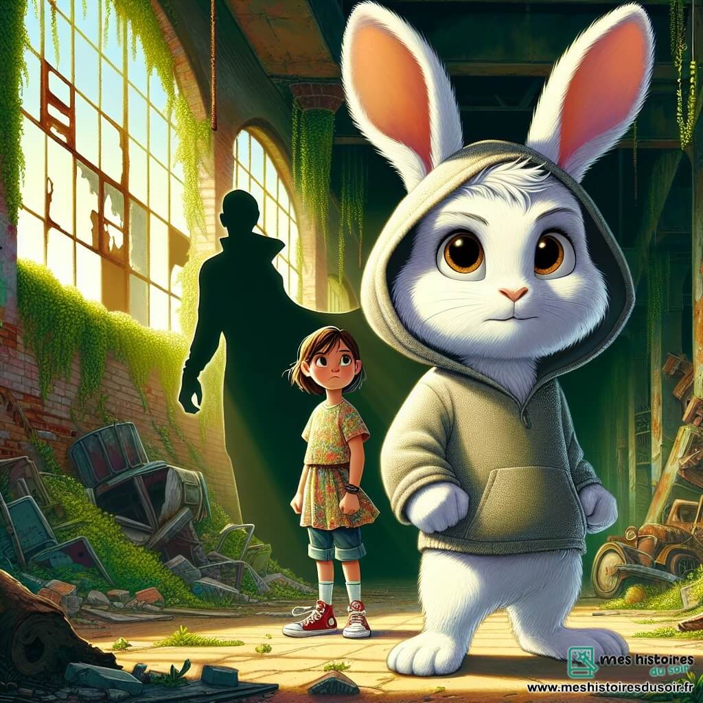 Léo, un petit lapin aux grandes oreilles et au pelage blanc, se tient courageusement au centre d'une usine abandonnée, déterminé face à une ombre menaçante. À ses côtés, Zoé, une jeune fille aux cheveux châtains, tend les mains vers lui, affichant courage et excitation. L'usine, avec ses murs décrépits et ses fenêtres brisées, crée une atmosphère mystérieuse. Ensemble, Léo et Zoé conjurent une lumière éclatante pour rétablir l'équilibre magique de leur ville.