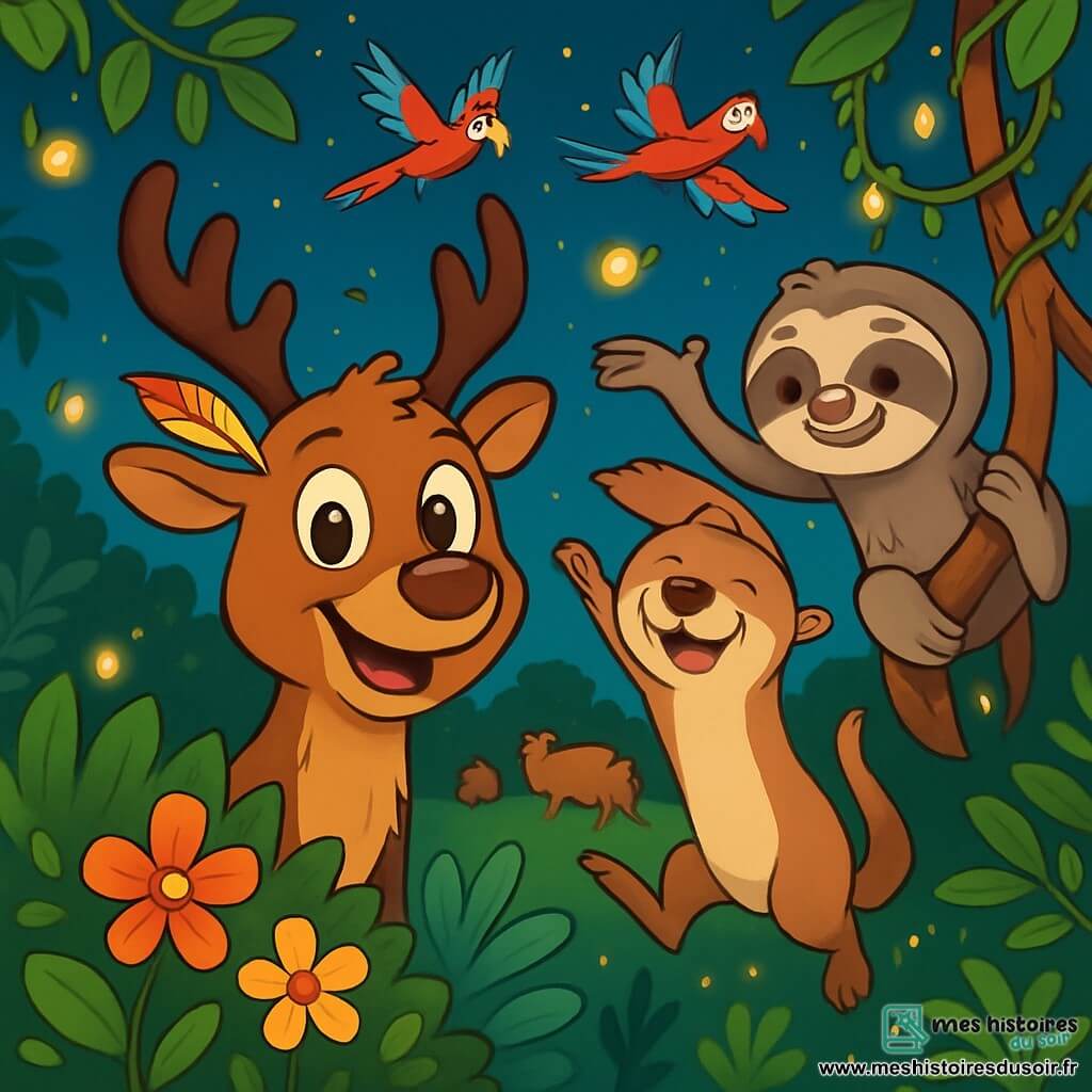 Rémi, un renne aux grands yeux pétillants et au pelage brun brillant, se tient au centre de la scène avec un large sourire. À ses côtés, Lila, une loutre espiègle au pelage soyeux, fait des pirouettes, tandis que Gaston, un paresseux au pelage grisâtre, s'accroche à une branche avec un sourire tranquille. Le décor est une clairière enchantée illuminée par des lucioles, entourée de lianes et de fleurs colorées, avec des perroquets volants. Au loin, un groupe de capybaras joue à un jeu de ballon, ajoutant à l'atmosphère festive. Rémi et ses amis explorent la nuit, se cachant derrière des buissons colorés et déguisés avec des plumes pour échapper à un gardien du zoo, créant une ambiance d'aventure et de mystère.