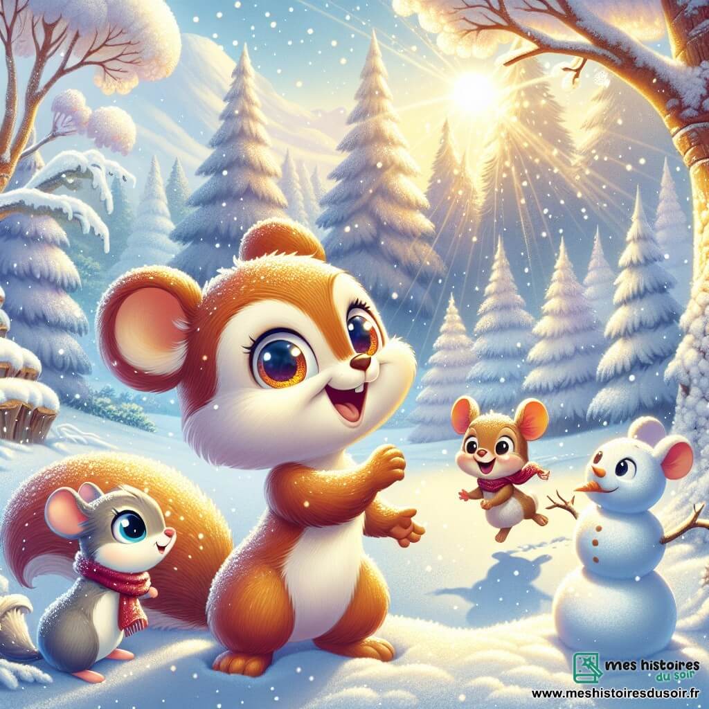 Au centre de l'image, un écureuil nommé Léo, avec un pelage brun et des yeux curieux, se tient debout sur ses pattes arrière, souriant. Il est entouré de flocons de neige qui tombent, créant une atmosphère magique. À sa droite, Chloé la souris, avec un pelage gris et de grandes oreilles, l'observe émerveillée, portant une écharpe rouge. À gauche, Max le lapin, au pelage blanc, saute joyeusement, construisant un bonhomme de neige. Le décor est une clairière enchantée, recouverte de neige scintillante, avec des arbres chargés de flocons et un soleil brillant. Léo, Chloé et Max explorent l'hiver et s'amusent ensemble dans la neige, prêts pour une aventure inoubliable.