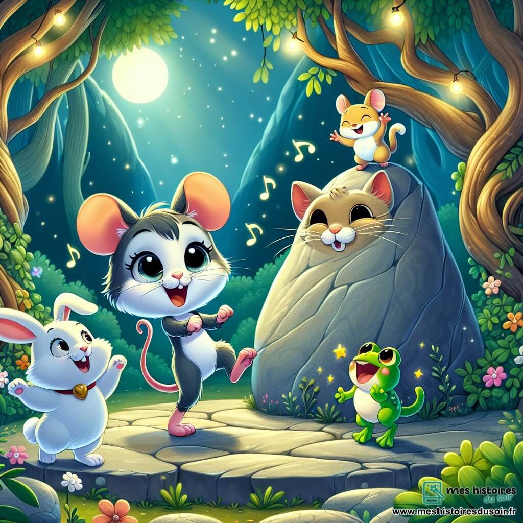 Une petite souris nommée Mimi, avec de grandes oreilles et une queue frétillante, danse joyeusement au pied d'un rocher en forme de chat, rayonnante de bonheur. À ses côtés, Léon le lapin, au pelage blanc, saute en rythme, les yeux pétillants de joie, tandis que Chloé la grenouille, verte et vive, bondit autour d'eux, riant et applaudissant. Ils se trouvent dans une forêt enchantée, éclairée par la lune, avec des arbres tordus et des fleurs colorées. Mimi et ses amis essaient de divertir un rocher parlant qui leur a demandé de l'aider à découvrir un trésor caché, s'amusant dans une atmosphère joyeuse et amicale.