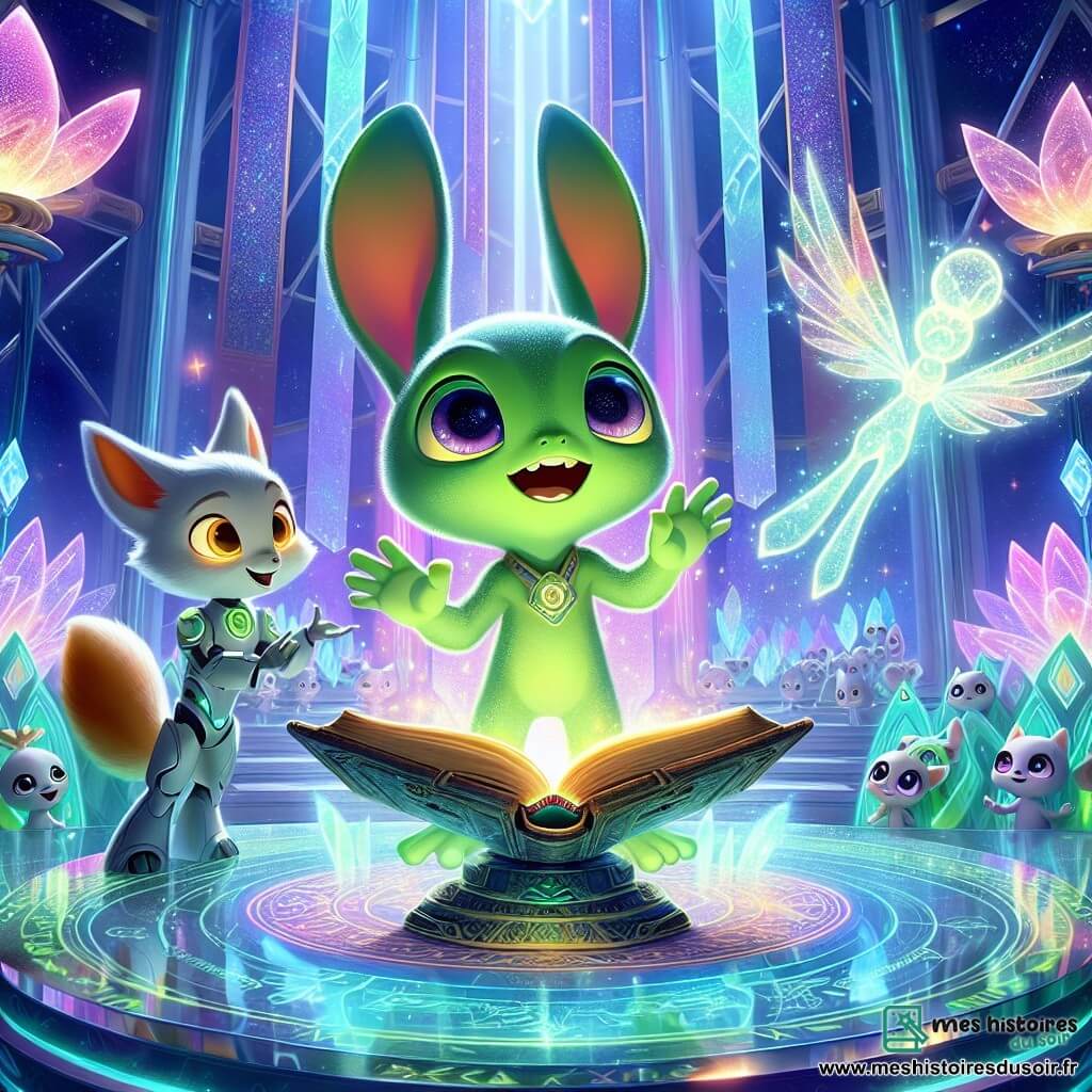 Au centre de l'image, Octavius, un petit extraterrestre ressemblant à une grenouille géante avec des oreilles de lapin, est debout sur une plateforme en cristal. Sa peau est verte et ses grands yeux brillent d'excitation. Il tient un grimoire ouvert, des éclats de lumière magique émanant des pages. À sa droite, Zorak, un robot en forme de renard avec une queue en plumes, flotte joyeusement, prêt à aider son ami. En arrière-plan, la salle du grand conseil de Crystalia est ornée de murs en cristal scintillant, avec des sièges en forme de fleurs autour d'une grande table où des dirigeants technologiques observent la scène. Octavius, confiant, s'adresse à la foule, expliquant l'importance de l'alliance entre magie et technologie, entouré de lumière et de symboles magiques.