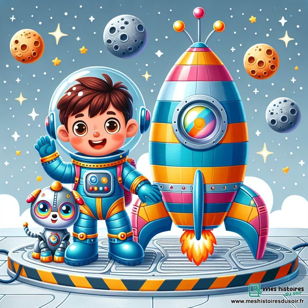 Capitaine Léo, un homme souriant aux cheveux bruns et aux yeux pétillants, porte une combinaison spatiale bleue et un casque rond. Il se tient dans sa fusée rayée, les bras levés avec enthousiasme, prêt à partir à l'aventure. À ses côtés, Pixel, son chien-robot coloré avec des yeux lumineux et une queue en forme d'antenne, aboie joyeusement. La fusée est sur une plateforme en métal argenté, entourée de paysages lunaires avec des cratères gris et des étoiles visibles à travers un hublot. Léo et Pixel sont impatients et excités, prêts à décoller vers des planètes inconnues, avec des flammes colorées s'échappant des moteurs de la fusée.