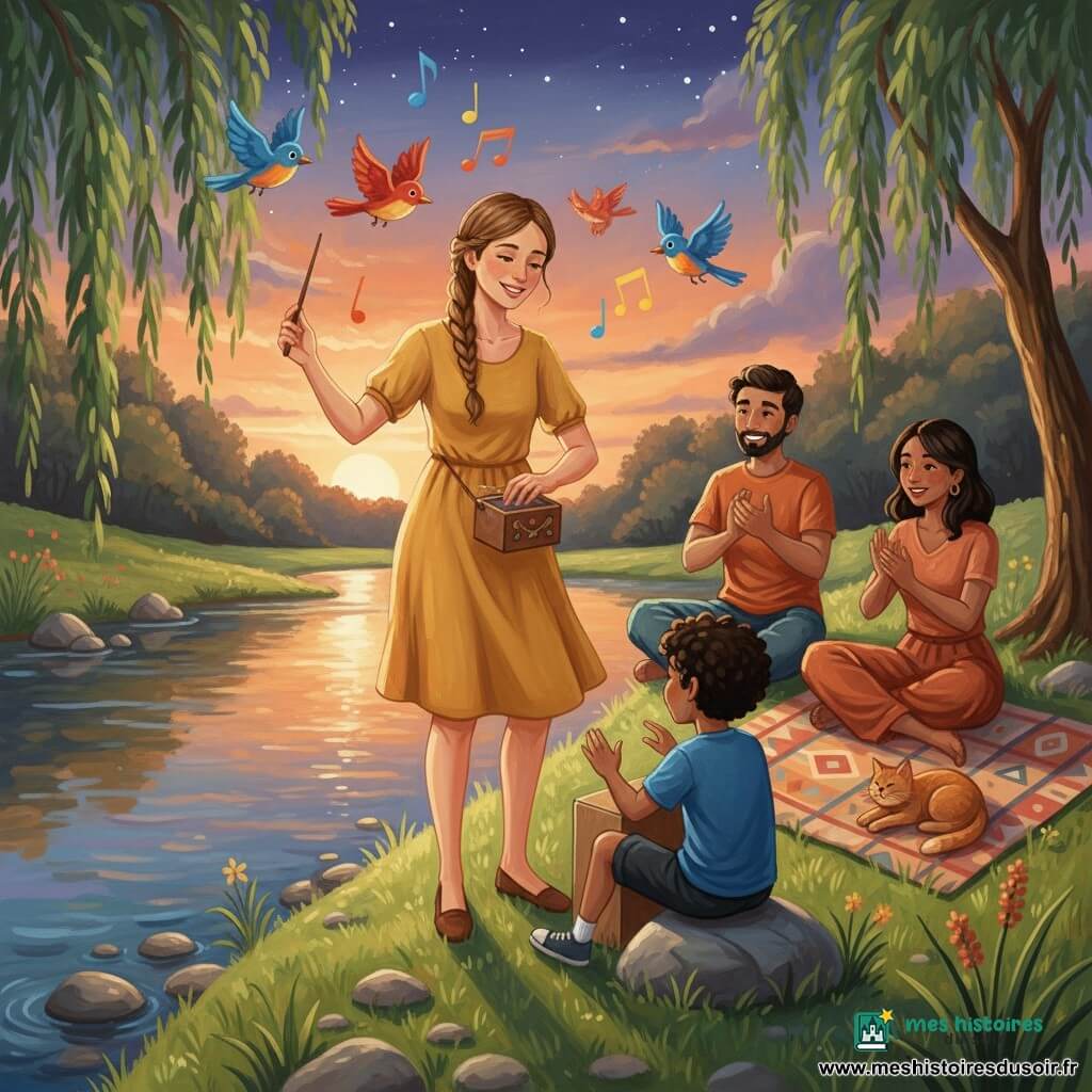 Maïa, femme souriante et concentrée, cheveux châtain clair en tresse, robe jaune moutarde, tient une petite boîte à musique et dirige les sons d'une main comme une baguette; à sa droite, Léo, garçon d'environ 6 ans aux cheveux bouclés noirs et t-shirt bleu, tape du pied et frappe une boîte en carton, assis sur une pierre. Deux parents (un homme et une femme) sont assis sur l'herbe quelques pas derrière, souriants et vêtus de couleurs chaudes, applaudissant; un chat roux ronronne sur une couverture; des oiseaux colorés ajoutent des notes. Lieu : berge d'une rivière au crépuscule avec galets brillants, herbe verte, saule pleureur, reflets orange et violet dans l'eau et ciel bleu profond étoilé. Scène : petit concert improvisé où Maïa transforme petits bruits (tic, tac, plouf) en mélodie, enfants et parents forment une ronde mains jointes, ambiance chaleureuse, lumières douces et textures de peinture visibles, coups de pinceau expressifs.