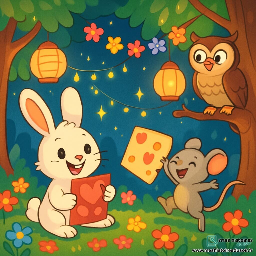 Lupin, un petit lapin aux grandes oreilles et à la fourrure douce, est assis sur un tapis de fleurs colorées, souriant et les yeux pétillants. Il tient une carte de Saint-Valentin décorée de cœurs. À côté de lui, Lili la souris, petite et grise, saute de joie avec un poème en forme de fromage, rayonnante de bonheur. Octave le hibou, perché sur une branche, les observe avec un regard sage. La scène se déroule dans une clairière enchantée, entourée d'arbres majestueux et illuminée par des guirlandes de fleurs et des lanternes. Lupin et ses amis préparent une fête de la Saint-Valentin, échangeant des cartes et riant ensemble, remplis de joie et d'amitié, tandis que des étoiles brillent dans le ciel.