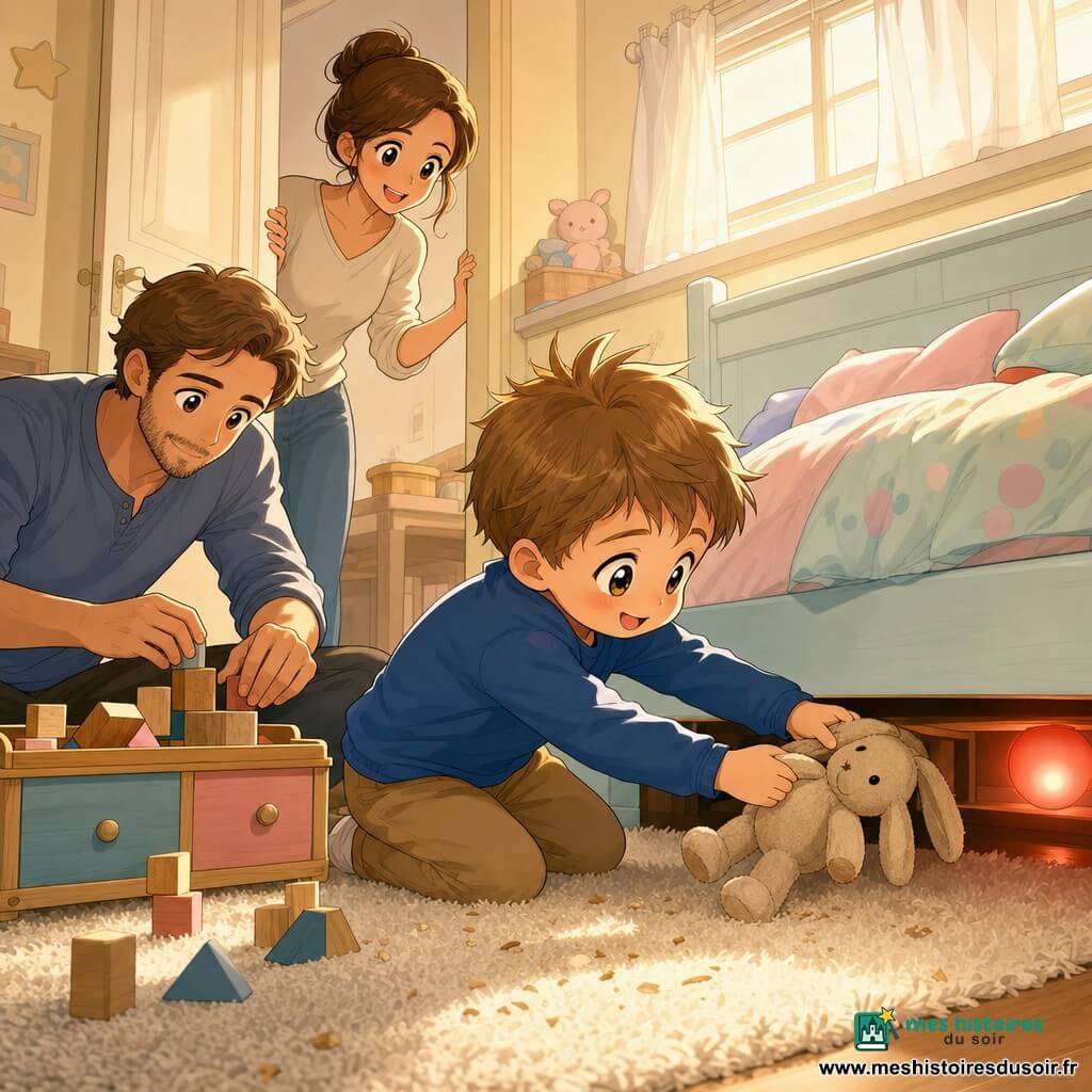 Garçon de 2 ans, cheveux châtain clair en bataille, yeux brillants, à genoux près d'un lit tirant un doudou beige sous le lit, expression de triomphe ; maman d'environ 30 ans, chignon, souriante et encourageante à la porte ; papa 30–35 ans, barbe naissante, range des blocs en bois près d'un coffre à jouets à gauche ; petite chambre chaleureuse avec tapis crème, couette pastel, veilleuse ronde rouge sous le lit diffusant une lueur douce, coffre en bois peint et fenêtre basse laissant entrer une lumière dorée ; style aux couleurs douces et traits ronds façon manga pour enfants, composition claire et fond lumineux.