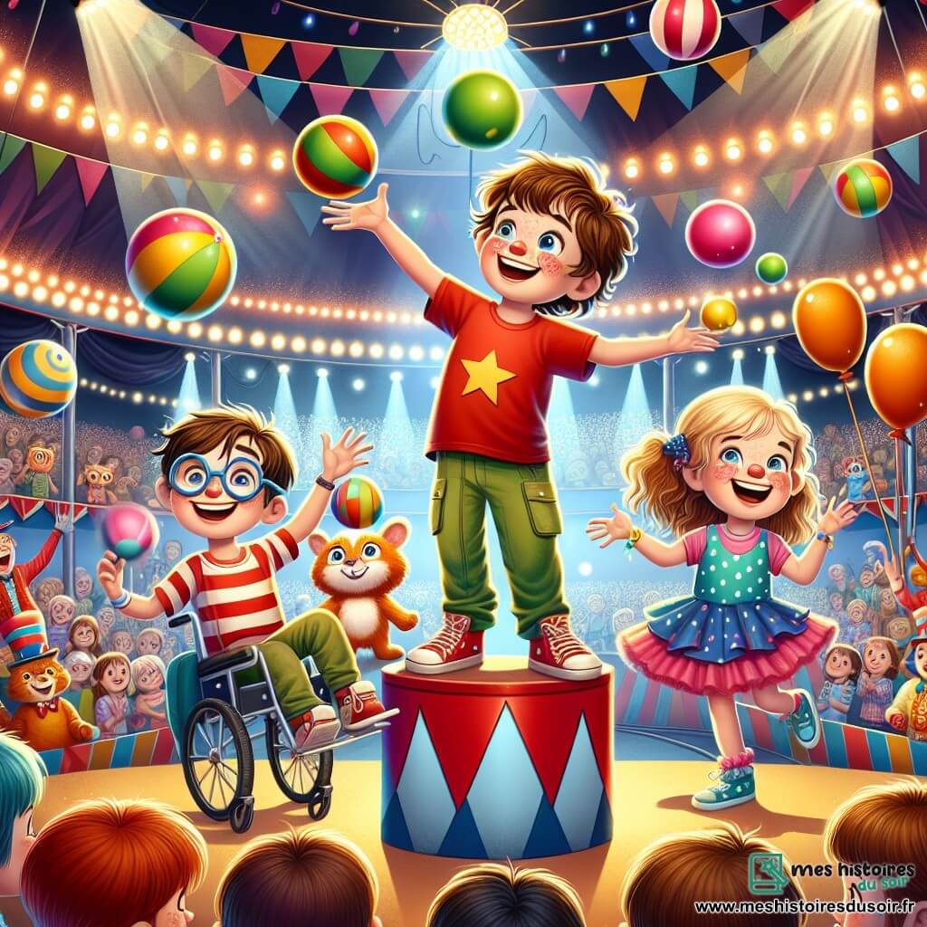 Maxime, un garçon de douze ans avec des cheveux bruns et un t-shirt rouge, jongle avec des balles colorées. À sa droite, Léo, également âgé de douze ans, rit en lançant une assiette en plastique. À gauche, Zoé, dix ans, applaudit tout en tenant des foulards colorés. Hugo, en fauteuil roulant, sourit et encourage ses amis. Le décor est une tente de cirque rayée de rouge et de blanc, remplie de lumières et de spectateurs émerveillés. Des artistes en costume et des animaux de cirque sont présents en arrière-plan. La scène principale montre les enfants en pleine performance, créant une ambiance festive et magique.