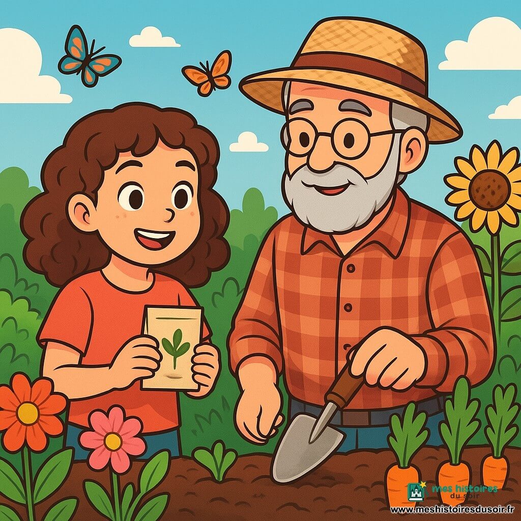 Emma, une fille de 10 ans aux cheveux châtains et bouclés, se tient dans un jardin ensoleillé, entourée de fleurs et de légumes. Elle sourit en tenant un sachet de graines, prête à les planter. À ses côtés, son grand-père, un homme âgé avec une barbe grise et des lunettes rondes, l'observe avec fierté, armé d'une petite pelle. Le jardin est vivant, avec des rangées de carottes et de tournesols, tandis que des papillons volent autour. Ensemble, ils plantent des graines, symbolisant entraide et solidarité, sous un ciel bleu parsemé de nuages, dans une atmosphère joyeuse et pleine d'espoir.