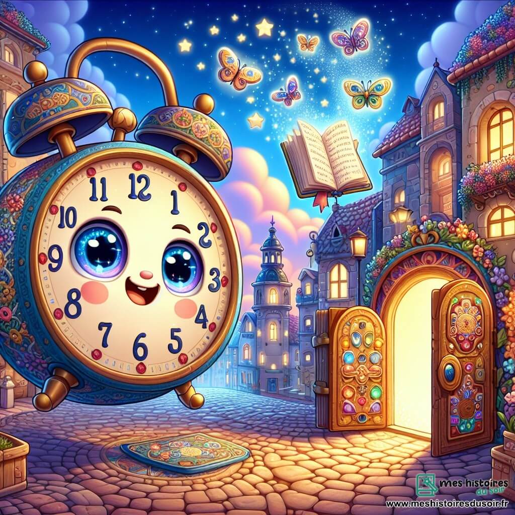 Au centre de la scène, une horloge animée avec des yeux lumineux et un sourire chaleureux se tient sur une rue pavée, ses aiguilles en mouvement exprimant une curiosité joyeuse. Elle est ornée de motifs colorés et scintillants. À côté, un vieux livre flottant, aux pages brillantes comme des étoiles, sourit avec sagesse, partageant des secrets avec l'horloge. En arrière-plan, la ville est pleine de bâtiments anciens aux façades colorées, sous un ciel bleu clair parsemé de nuages cotonneux. L'horloge touche une porte en bois ornée de symboles magiques, qui s'ouvre lentement, révélant un passage lumineux vers une forêt enchantée, symbolisant le début de son aventure magique.