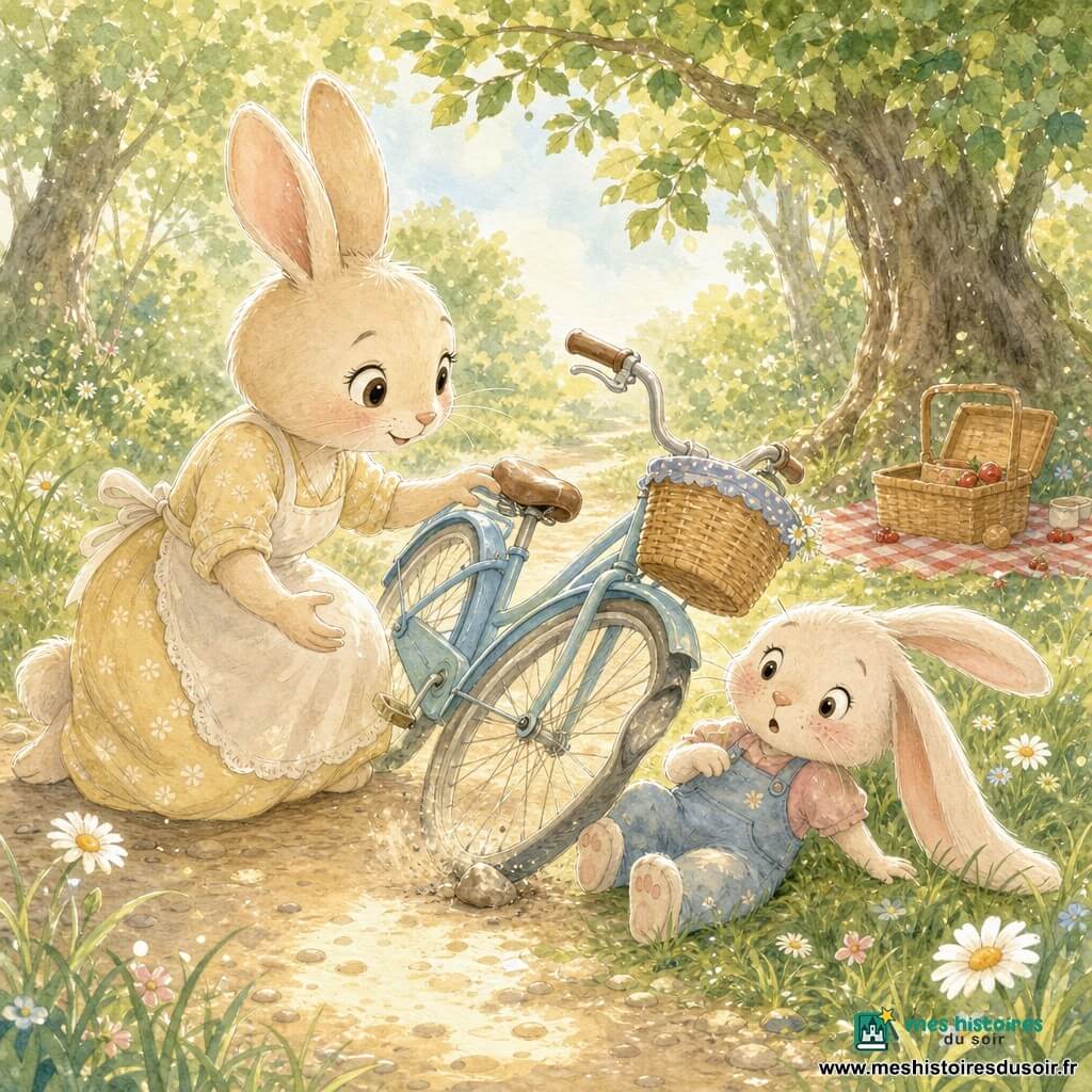 Lila, un petit lapin anthropomorphe aux longues oreilles et taches de rousseur, apprend à faire du vélo bleu clair avec panier en osier ; sa mère, une lapine crème au sourire rassurant, est agenouillée, main tendue vers la selle après que la roue avant a heurté un caillou et soulevé un peu de poussière, tandis que Lila vient de tomber doucement dans l'herbe sur un sentier bordé de hautes herbes et de marguerites, sous des arbres filtrant le soleil, et qu'à l'arrière-plan une nappe de pique-nique à carreaux rouges et blancs et quelques baies ajoutent une ambiance douce et familiale.