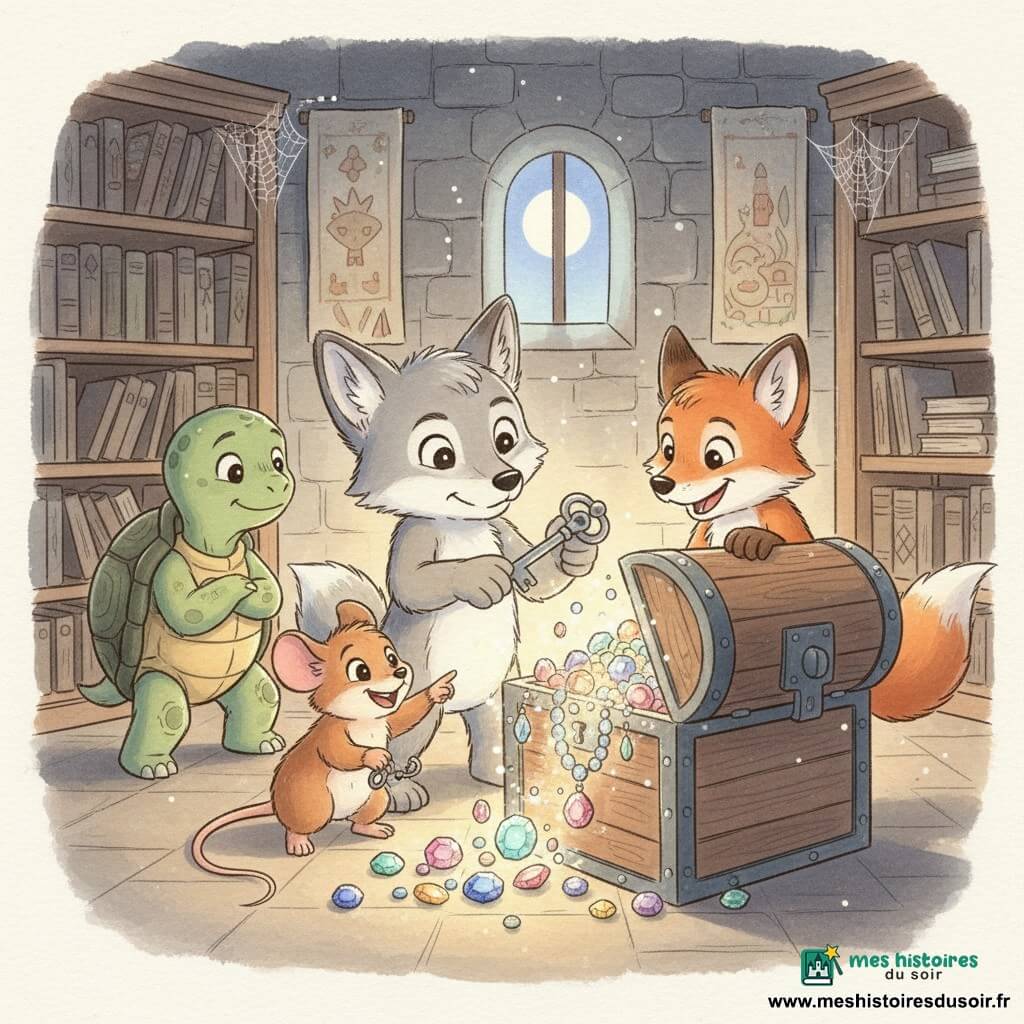 Loulou, un petit loup gris perle aux yeux brillants, tourne une vieille clé argentée dans la serrure d'un coffre ancien tandis que Mia, une souris brune soyeuse, accroupie, montre les pierres précieuses; Tim, un renard roux espiègle, sourit en regardant l'intérieur du coffre, une patte sur le couvercle, et Zoé, une tortue verte à la carapace rainurée, observe prudente en retrait. La scène se déroule dans une bibliothèque secrète du château aux murs de pierre sombre, étagères poussiéreuses et tapisseries fanées; le coffre s'ouvre, libérant des gemmes colorées et un halo de lumière chaude, éclairage contrasté et textures douces rappelant l'aquarelle.