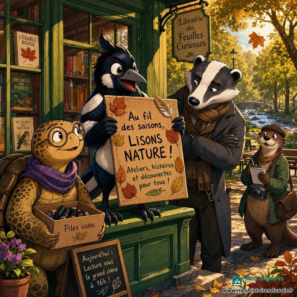 Zéphyr, une pie anthropomorphe aux plumes noir et blanc, sourit en montrant une affiche bricolée en carton ornée de feuilles sèches et d’une plume, perchée sur la vitrine d’une librairie au bois peint vert ; à gauche, Joséphine la tortue sage tient une boîte « Piles usées », à droite Monsieur Ombre-Sol le blaireau observe attentif et bienveillant, et en arrière-plan Loutre Lin, une petite loutre, tient un carnet et un vieil appareil photo près d’un banc et d’un ruisseau ; scène d’inauguration joyeuse après une journée de ramassage, fin d’après-midi dorée, lumière chaude, couleurs saturées, composition centrée sur la pie avec gestes amicaux et ombres douces.