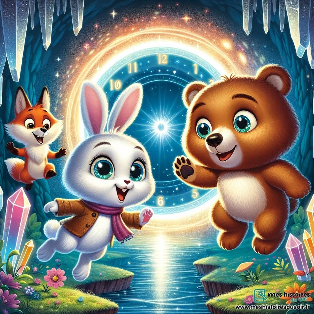 Au centre de l'image, Oscar, un ours brun curieux, se tient debout, les pattes levées devant un grand cercle lumineux. À sa droite, Lila, une lapine blanche joyeuse, saute avec un sourire, tandis qu'à gauche, Max, un renard roux intrigué, observe le cercle. En arrière-plan, une grotte ornée de cristaux scintillants crée une ambiance magique, le sol étant recouvert de mousse verte et de fleurs colorées. Oscar et ses amis sont prêts à sauter dans le cercle lumineux pour commencer leur voyage dans le temps, leurs visages illuminés par l'anticipation de l'aventure.