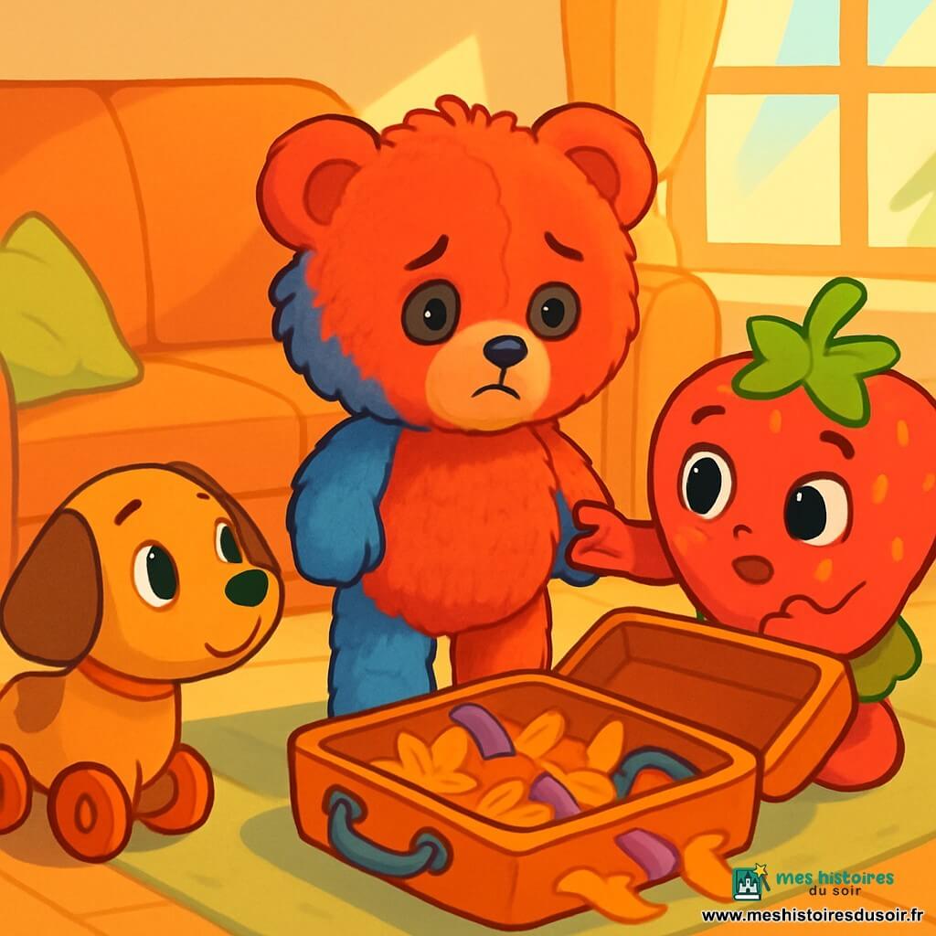 Pompon, un petit doudou en peluche moelleux aux couleurs vives de rouge et de bleu, est au centre de l'image, avec un sourire doux et une lueur de tristesse dans ses yeux en boutons. Il regarde une valise ouverte à ses pieds, remplie de souvenirs colorés. À sa droite, Cerise, une peluche en forme de fraise, se blottit contre lui, affichant une expression d'inquiétude. À gauche, Biscuit, un jouet en forme de petit chien, le regarde avec compassion. Le décor est un salon chaleureux, avec un grand canapé moelleux et une lumière douce. La scène montre Pompon, Cerise et Biscuit remplissant la valise de souvenirs, symbolisant leur soutien mutuel face à la séparation de Doux et Belle, créant un moment de tendresse et d'amitié.