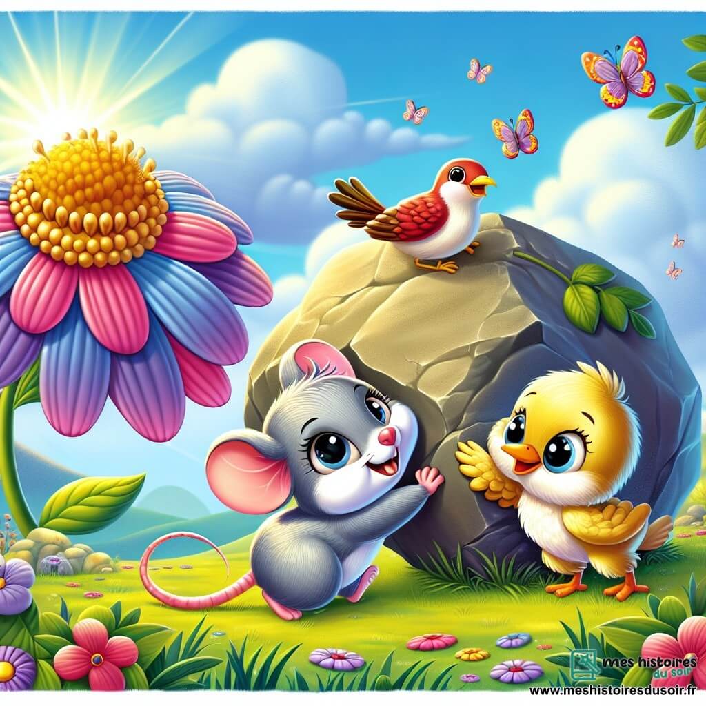 Une petite souris grise, avec de grands yeux brillants et un sourire joyeux, pousse un gros caillou avec détermination, debout sur ses pattes arrière. À côté, un oiseau coloré aux plumes rouges et jaunes l’encourage en battant des ailes. En arrière-plan, une fleur magique aux pétales violets et dorés danse dans le vent, ajoutant de la magie à la scène. Dans une clairière ensoleillée, entourée d'herbes vertes et de petits papillons, la souris et l'oiseau unissent leurs efforts pour déplacer le caillou géant, tandis que la fleur célèbre leur amitié et leur courage.