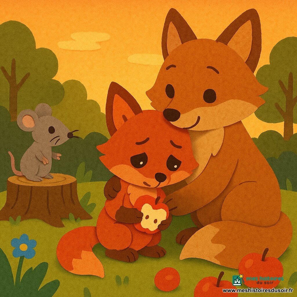 Rémi, un petit renard roux, baisse la tête, un peu honteux puis soulagé, tenant une demi-pomme croquée ; sa maman, plus grande au pelage caramel, le serre contre elle avec tendresse ; Zoé la souris grise, curieuse et bienveillante, se tient sur une souche à gauche ; la clairière en papier découpé montre herbe en couches, quelques fleurs et pommes rouges tombées, une grosse souche texturée ; ciel orangé de coucher de soleil et silhouettes d’arbres, lumière douce et ambiante réconfortante alors que Rémi avoue et reçoit un câlin.
