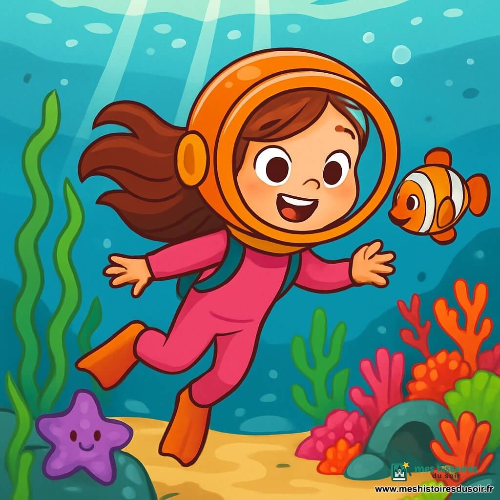 Une petite fille de 6 ans, Léa, avec de longs cheveux bruns, porte une combinaison de plongée rose et un scaphandre rond. Elle explore un monde sous-marin vibrant, pleine de joie. À côté d'elle, un poisson clown orange et blanc nage autour d'elle, l'invitant à le suivre. Une étoile de mer violette repose sur un rocher, observant la scène. Le décor est une mer cristalline, illuminée par des rayons de soleil, avec des algues vertes et des coraux multicolores. Léa se tient devant trois chemins sous l'eau, prête à choisir son aventure.