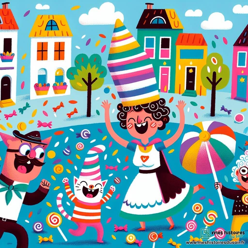 Super Maman, une femme souriante aux cheveux bouclés et au costume coloré en bonbons, se tient au centre de la scène, riant et faisant apparaître un chapeau géant de bonbons. Son visage rayonne de joie et ses yeux brillent de malice. Minou, un petit chat aux poils rayés et aux yeux malicieux, danse autour d'elle avec un chapeau de bonbons, essayant d'attraper des confettis tombant du ciel. La scène se déroule dans une petite ville colorée, avec des maisons vives, des arbres éclatants et un ciel bleu parsemé de nuages en guimauve. Super Maman et Minou se retrouvent face aux Deux Vilains, des hommes maladroits, l'un avec une moustache en chocolat et l'autre avec des lunettes en sucre, qui tentent de s'échapper en trébuchant sur des chapeaux de bonbons, créant une situation hilarante.