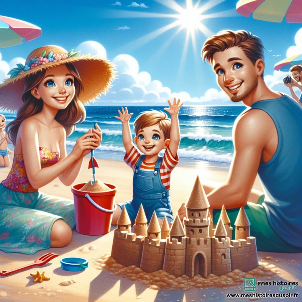 Petit Tom, un garçon de 6 ans aux cheveux blonds et aux yeux pétillants, est assis sur le sable doré avec un seau rouge rempli de sable. Sa maman, une femme brune d'une trentaine d'années, porte un chapeau de paille et un maillot de bain coloré, et l'encourage en levant les bras pour admirer le château de sable qu'il construit. Son papa, un homme grand avec des cheveux châtains et une légère barbe, prend des photos pour immortaliser cette journée joyeuse. La plage est magnifique avec des vagues bleues et un ciel bleu éclatant parsemé de nuages blancs. Petit Tom construit un grand château de sable avec des tours et des drapeaux en papier, tandis que ses parents profitent de cette belle journée ensoleillée.