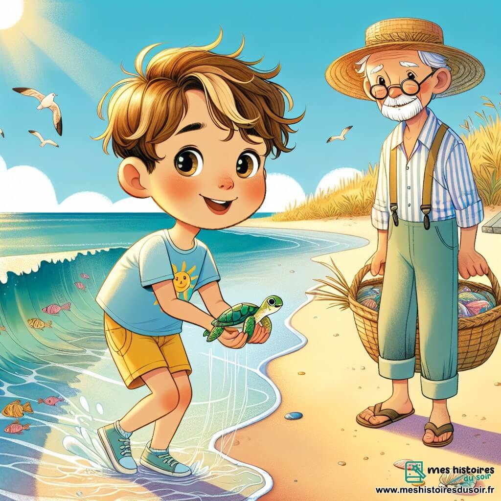 Un petit garçon de 6 ans, nommé Tom, se tient sur la plage, les yeux brillants d'excitation. Il a des cheveux châtains en bataille, un t-shirt bleu et un short jaune. Accroupi, il tient une petite tortue verte, prêt à la déposer dans l'eau. Près de lui, un vieux pêcheur de 70 ans observe la scène avec bienveillance, portant un chapeau de paille et une chemise à rayures. La scène se déroule sur une plage ensoleillée, avec des dunes de sable doré et des vagues turquoise. Tom aide la tortue à retourner à l'océan, illustrant l'importance de prendre soin des animaux et de la nature, dans une atmosphère joyeuse et chaleureuse.