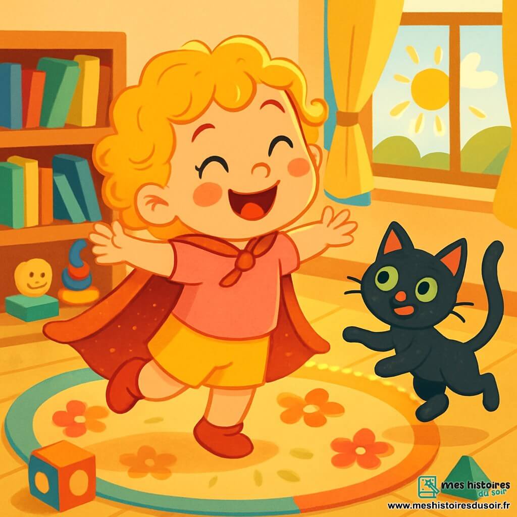 Une petite fille de 2 ans, Lila, avec de grands yeux pétillants et des cheveux bouclés dorés, porte une cape brillante. Elle rit aux éclats, ses joues roses et son sourire illuminent son visage. À côté d'elle, un chat noir aux yeux verts bondit joyeusement, prêt à jouer. La scène se déroule dans une chambre colorée remplie de jouets : un tapis moelleux fleuri, des livres brillants sur une étagère, et une fenêtre laissant entrer la lumière du soleil. Lila tourne sur elle-même, sa cape virevoltant, tandis que le chat fait des bonds autour d'elle, créant une ambiance ludique et enchantée.
