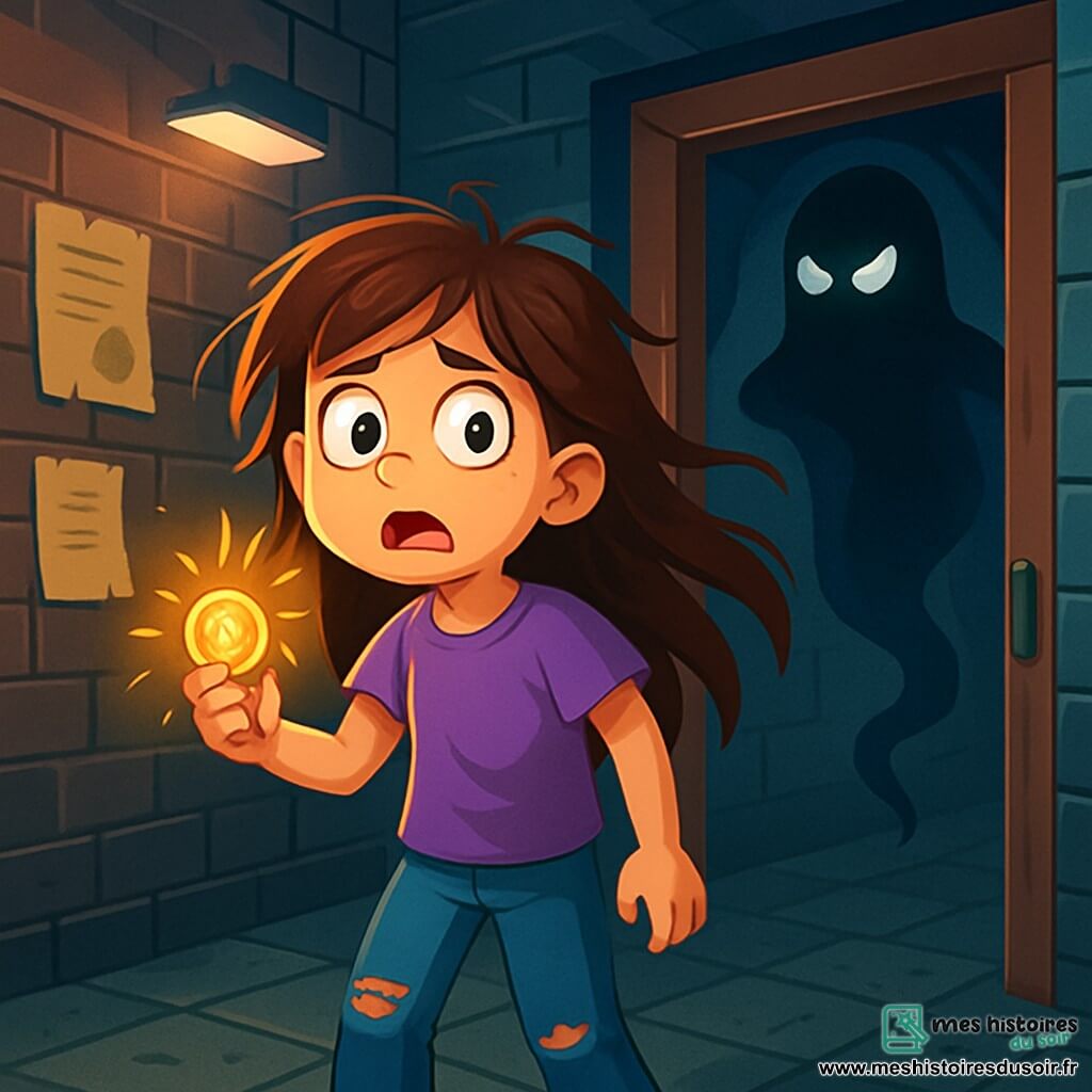 Une fille de 8 ans, avec de longs cheveux bruns en désordre et des yeux écarquillés de peur, tient une amulette brillante. Elle porte un t-shirt violet et un jean déchiré, son visage exprimant curiosité et angoisse. À proximité, une ombre floue ressemblant à un fantôme flotte dans l'air, avec des contours flous et des yeux lumineux. Le lieu est un couloir d'école ancien, avec des murs en briques sombres, des portes en bois usées et des lumières vacillantes. Des affiches jaunies sont accrochées aux murs, et le sol est recouvert de vieux carreaux fissurés. La fille, figée sur le seuil d'une porte, regarde avec appréhension l'ombre qui semble vouloir s'approcher d'elle, tandis qu'un souffle glacial fait danser ses cheveux.