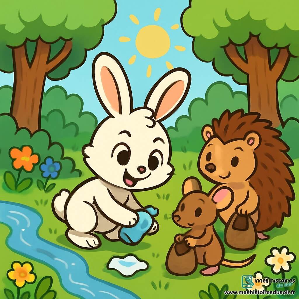 Léo, un petit lapin curieux au pelage blanc et aux grandes oreilles pointues, se tient près d'un ruisseau, ramassant un morceau de plastique. À ses côtés, Mia la souris, au pelage brun, regarde avec inquiétude, tenant un sac pour les déchets. Tom le hérisson, amical, s'approche pour aider. La scène se déroule dans une clairière verdoyante, entourée d'arbres majestueux et de fleurs colorées, où Léo et ses amis nettoient leur forêt pour protéger l'environnement.