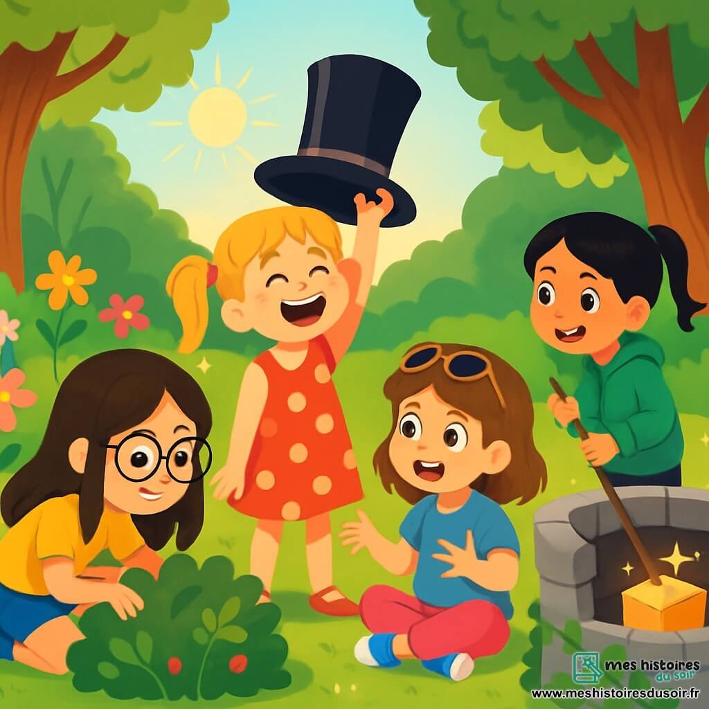 Quatre enfants explorent un jardin enchanté : Zoé, 8 ans, cheveux bruns et lunettes rondes, accroupie près d'un buisson en fouillant ; Clara, 7 ans, cheveux blonds en couettes, debout avec un vieux chapeau de magicien, riant ; Sarah, 8 ans, cheveux châtains et lunettes de soleil, assise sur l'herbe, racontant une histoire ; et Léa, 7 ans, cheveux noirs avec une tresse, debout avec un bâton pour attraper une boîte brillante au fond d'un puits. Le jardin est coloré, avec des fleurs, des arbres noueux et un vieux puits en pierre. Les enfants sont joyeux et prêts pour une aventure magique.
