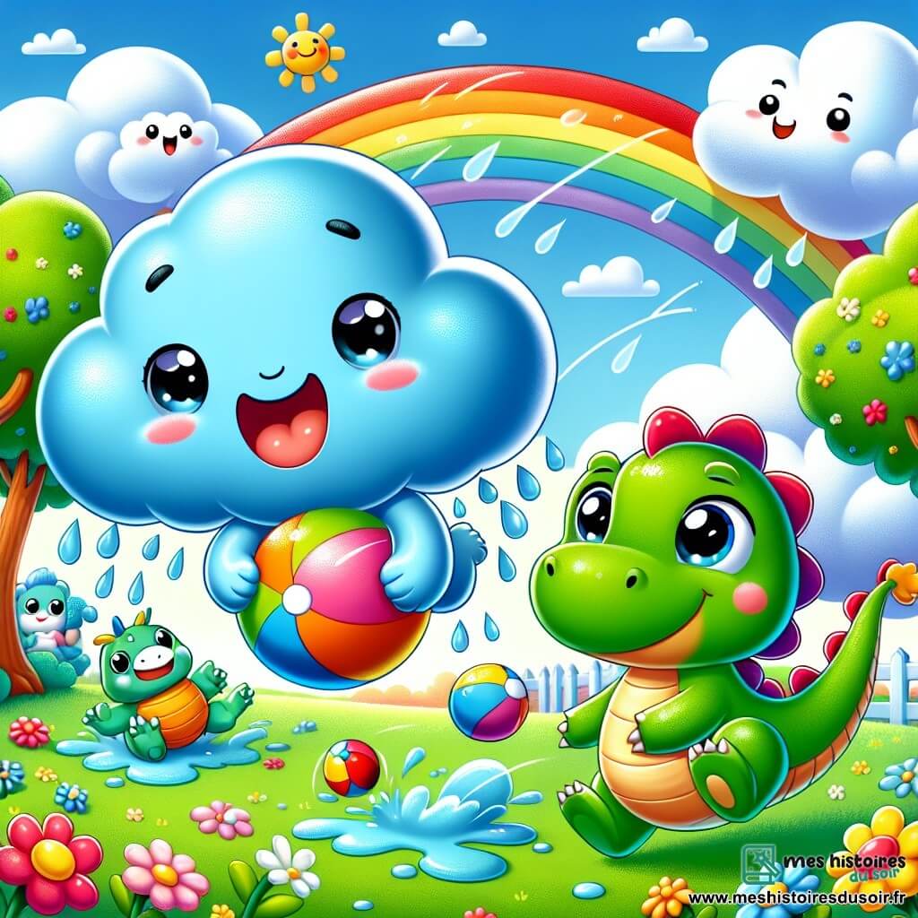 Un petit nuage bleu, joyeux et espiègle, saute sur un terrain verdoyant avec un grand sourire. Il tient une balle colorée dans ses petites mains. À côté de lui, un gros dragon vert, amical, court avec une expression de bonheur, ses écailles brillent au soleil. Le parc ensoleillé est rempli de fleurs colorées et d'arbres éclatants, sous un ciel bleu avec quelques nuages blancs. Des amis, comme une petite grenouille verte et une coccinelle rouge, les regardent, impatients de jouer. Le nuage et le dragon lancent la balle ensemble, éclaboussant de joie, tandis que la pluie commence à tomber, rendant le jeu encore plus amusant sous les gouttes scintillantes.