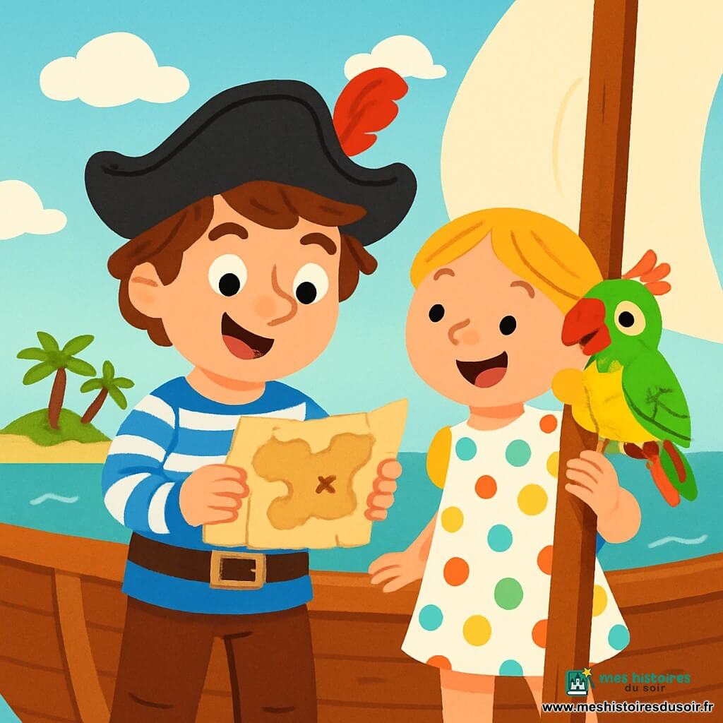 Un homme pirate souriant, le Capitaine Léo, se tient sur le pont de son bateau. Il a des cheveux bruns en bataille, un chapeau noir avec une plume rouge, une chemise rayée bleue et un pantalon en cuir. Il admire une carte au trésor, les yeux brillants d'excitation. À ses côtés, Mila, une petite fille de 7 ans aux cheveux blonds tressés, tient un mât. Elle porte une robe à pois colorés et sourit joyeusement, tandis qu'un perroquet coloré nommé Coco se perche sur son épaule. Le bateau navigue sur une mer turquoise sous un ciel bleu clair avec des nuages blancs. En arrière-plan, une île tropicale avec des palmiers et des plages de sable doré est visible. Capitaine Léo découvre la carte au trésor, encouragé par Mila et Coco, et l'aventure commence.