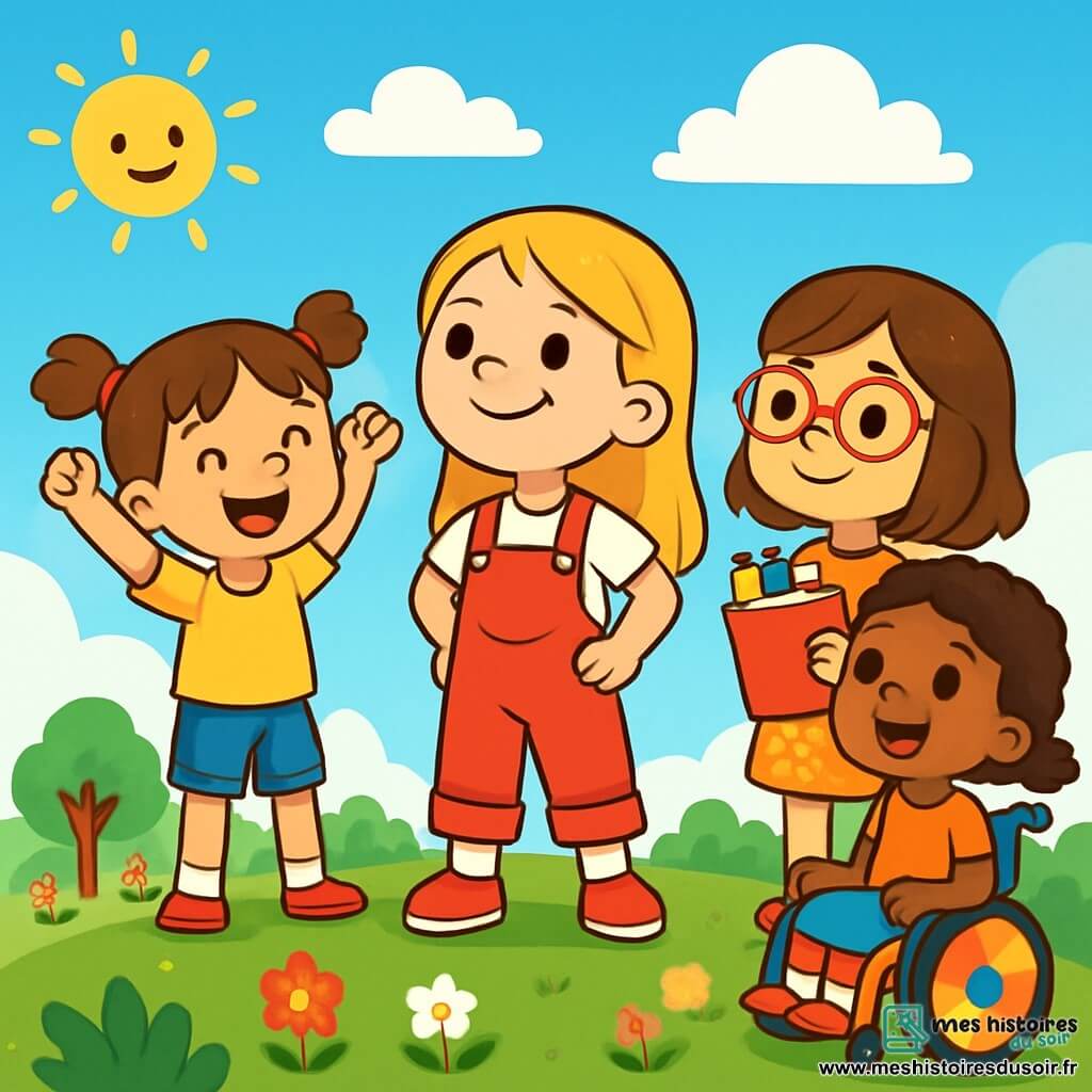 Quatre enfants sont présents : Clara, 8 ans, avec de longs cheveux blonds et une salopette rouge, souriante au centre de l'image ; Léa, 7 ans, avec des cheveux bruns en couettes, vêtue d'un t-shirt jaune et d'un short en jean, à gauche de Clara, levant les bras en signe de victoire ; Zoé, 8 ans, avec des cheveux châtains et des lunettes, en robe à fleurs, à droite de Clara, tenant des crayons et un carnet de dessin ; et Mia, 9 ans, avec des cheveux courts et frisés, assise dans un fauteuil roulant coloré, souriante et encourageant ses amies. L'image se déroule au sommet d'une colline verdoyante sous un ciel bleu, avec un parc en contrebas. Les quatre amies célèbrent leur réussite après avoir gravi la colline, illustrant la force de l'amitié et la confiance en soi.