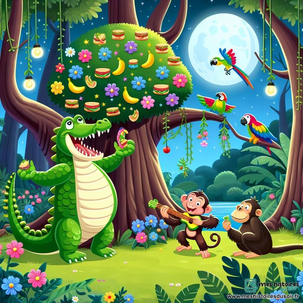 Un crocodile souriant, avec une peau verte brillante et des yeux pétillants, se tient au centre, les bras ouverts, prêt à goûter à un arbre magique rempli de sandwiches colorés. À sa droite, un singe espiègle, avec un pelage brun et une guitare banane, joue une mélodie joyeuse. À gauche, un perroquet aux plumes éclatantes vole autour d'eux en chantant. La scène se déroule dans une jungle luxuriante, éclairée par la lune, créant une ambiance magique. Croco, Riri et Lala découvrent l'arbre à sandwiches, riant ensemble et partageant des moments de joie.