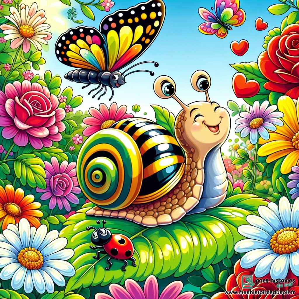 Illustration d'un petit escargot joyeux et déterminé, sur une feuille verte, en train de composer un bouquet de fleurs colorées pour sa maman. Un gros papillon aux ailes multicolores l'encourage, tandis qu'une fourmi admire et une coccinelle danse sur une pétale. Le jardin luxuriant est rempli de fleurs éclatantes sous un ciel bleu ensoleillé. Le petit escargot, concentré et heureux, est aidé par ses amis dans sa quête pour la fête des mères. Des feuilles brillantes, des gouttes de rosée et un chemin de terre ajoutent une touche de magie à cette scène vivante.