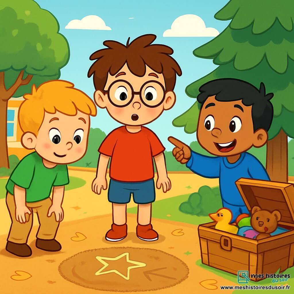 Il y a trois garçons : Tom, 6 ans, avec des cheveux bruns en bataille et des lunettes rondes, portant un t-shirt rouge et un short bleu, se tient au centre, curieux ; Léo, également 6 ans, avec des cheveux blonds et des taches de rousseur, habillé d’un t-shirt vert et d’un pantalon beige, observe un dessin dans la terre ; Sami, 6 ans, avec des cheveux noirs et un grand sourire, porte un sweat-shirt bleu et un jean, et pointe vers une flèche avec enthousiasme. La scène se déroule dans une cour d'école ensoleillée, entourée de grands arbres verts, avec un vieux coffre à jouets en bois entrouvert, débordant de jouets colorés, et un sapin offrant de l'ombre. Les garçons découvrent un mystérieux dessin dans la terre : une étoile brillante et une flèche pointant vers le coffre, et ils sont prêts à enquêter sur le mystère de l’étoile magique.