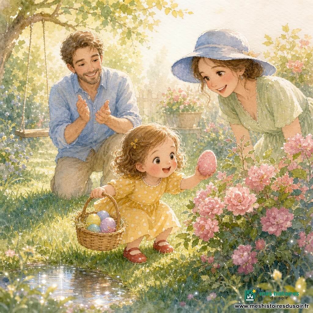 Une fillette de deux ans, yeux grands et sourire ouvert, joues rosées, cheveux châtains clairs en petites boucles, porte une robe jaune à pois blancs et des chaussons rouges, tient un petit panier en osier rempli d'œufs colorés; elle vient de trouver un œuf rose sous un buisson et le tend vers son panier tandis que son père d'environ 35 ans, barbe légère et chemise bleue, applaudit à gauche et sa mère d'environ 33 ans, chapeau bleu à large bord et robe vert pâle, est penchée à droite en lui souriant; le jardin humide de rosée présente de l'herbe verte brillante, des buissons fleuris roses, une balançoire en bois et une petite flaque scintillante, baignés d'une douce lumière dorée du matin.