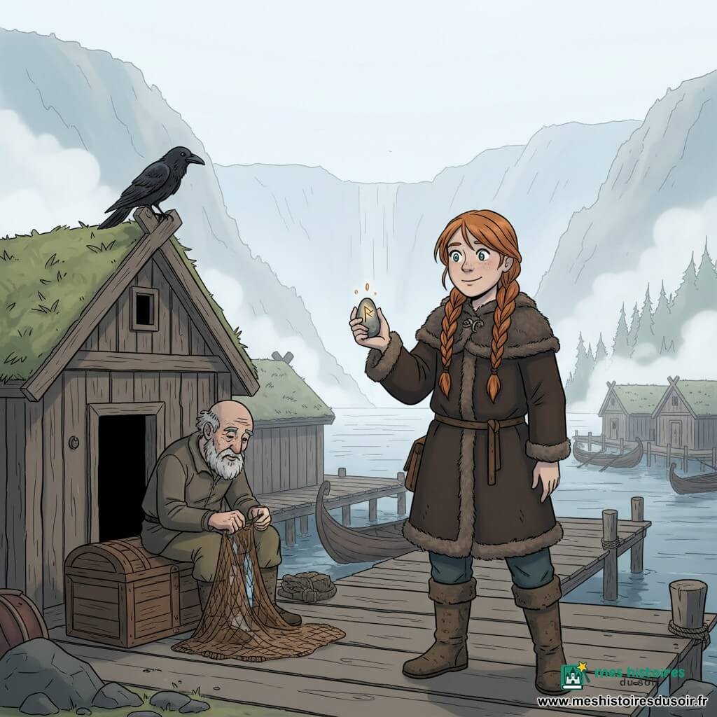 Sigrid, femme déterminée et souriante aux yeux clairs et tresses rousses, tient un galet gravé d’une rune et avance d’un pas vers le quai, une petite étincelle ambre dans la main contrastant avec la brume froide; à gauche, le vieux pêcheur Skardi, courbé et barbu, répare un filet assis sur un coffre, tandis qu’un corbeau noir sur le seuil observe la rune; en arrière-plan, un fjord embrumé aux eaux gris-bleu borde un quai bordé de maisons longues en bois aux toits de tourbe et de bateaux à demi visibles, et trois chemins en ombre derrière Sigrid suggèrent le choix entre mer, forêt ou montagne.