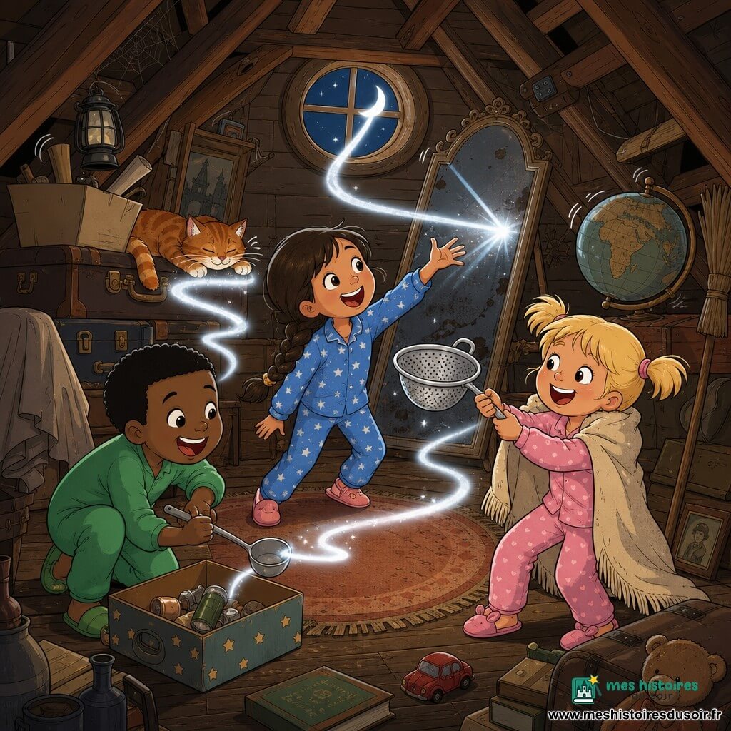 Trois enfants dans un grenier cosy et poussiéreux : Chloé, ~6 ans, cheveux bruns en tresse de travers en pyjama bleu à petites étoiles, au centre, bras tendu vers un mince rayon de lune qui danse ; Léo, ~6 ans, cheveux courts en pyjama vert, à gauche, accroupi, boîte à chaussures ouverte et louche en main, riant en regardant le rayon ; Zoé, ~6 ans, cheveux blonds en couettes en pyjama rose, à droite, portant sur ses épaules une vieille couverture magique et tenant une passoire argentée comme filet. Le rayon de lune entre par une lucarne ronde, rebondit sur un vieux miroir incliné et serpente autour des enfants en éclairant des particules de poussière ; ambiance drôle et magique, objets qui tremblent (balai, globe), palette chaleureuse du grenier contrastant avec la lueur froide argentée. Biscotte, le chat roux, peut dormir sur une valise, ses moustaches éclairées.